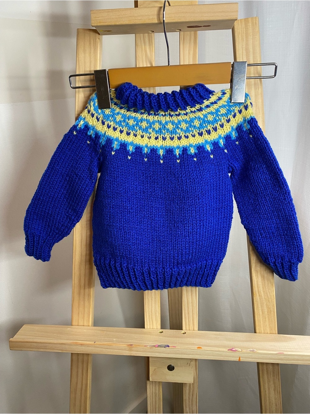 Hand Knit Baby Fair Isle Sweater & Pom Pom Hat Set Blue Vintage Style
